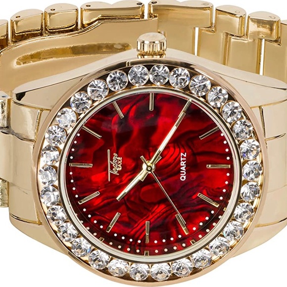 Gold Iced Out Marble Dial Watch w/Solitaire Bezel - Picture 5 of 8